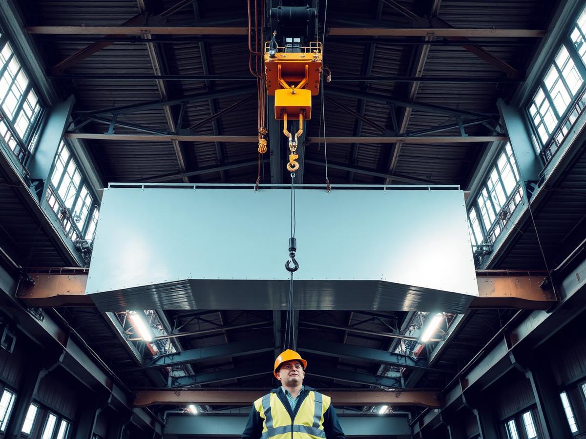 Rolbrug met haak in een industriële werkplaats, technicus in veiligheidskledij