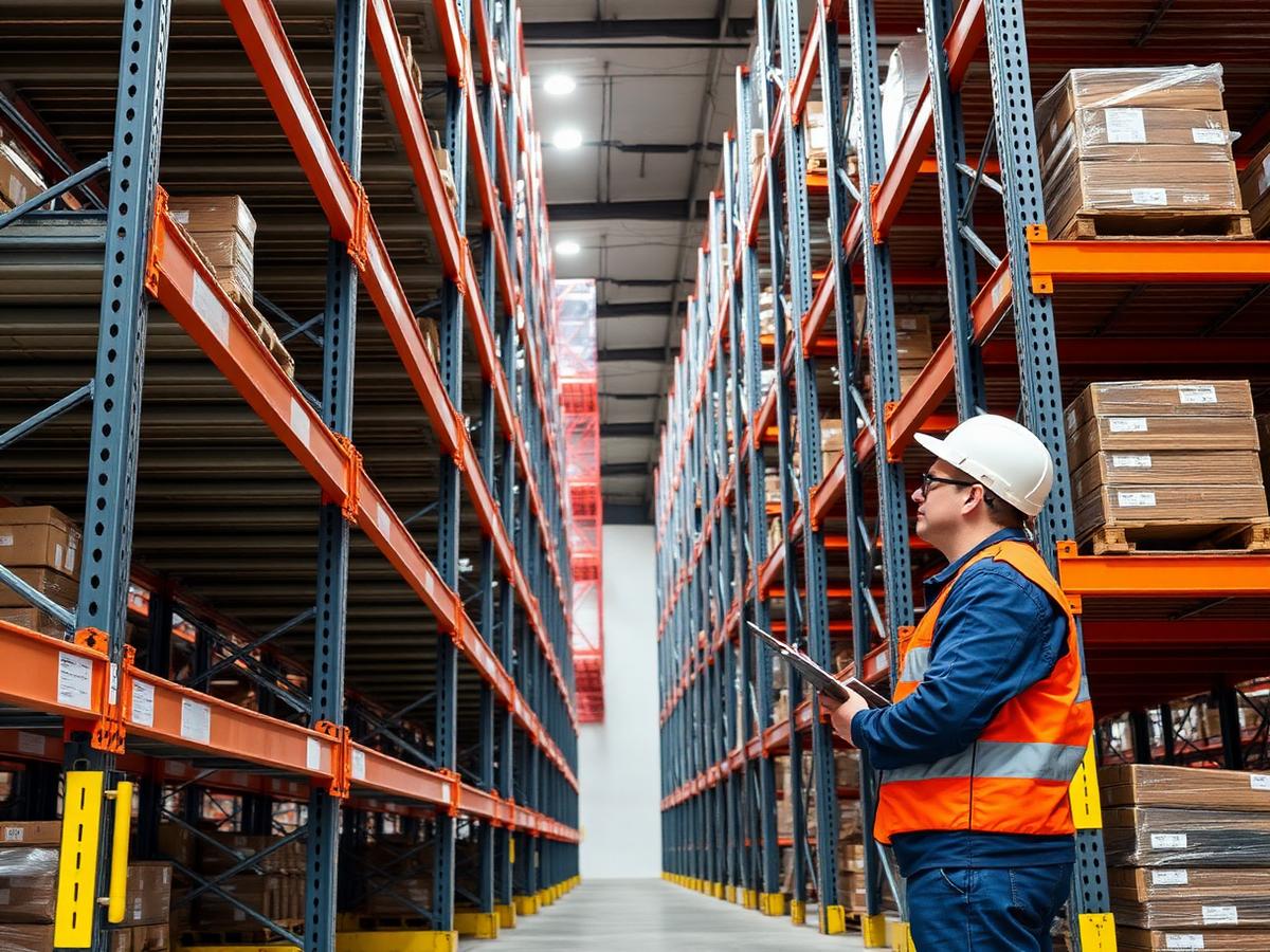 Inspecteur controleert hoge magazijnrekken in een distributiecentrum